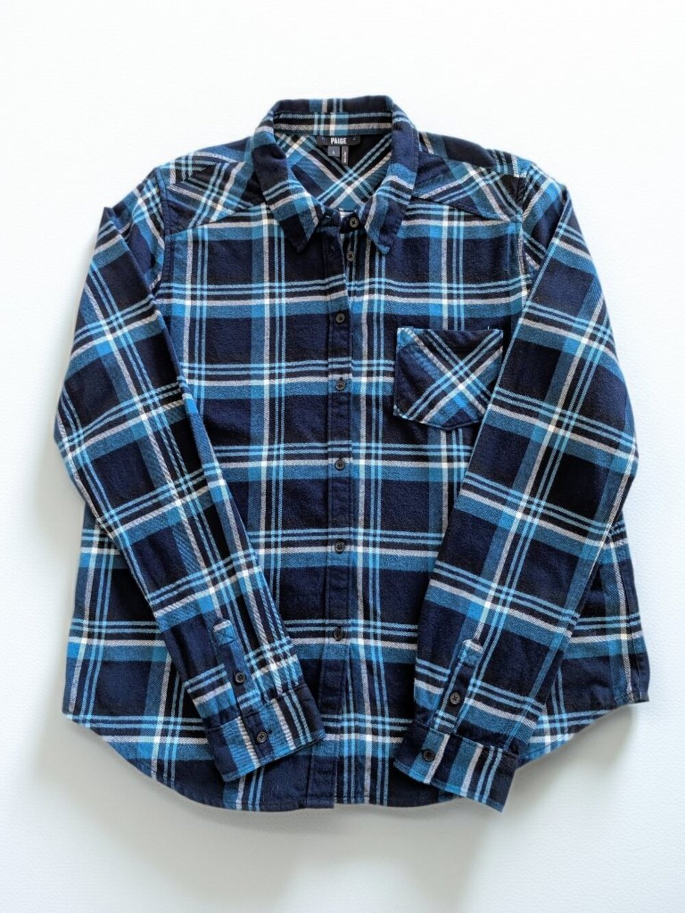 PAIGE Mya Flannel Plaid Button Down Shirt L Dark Ink Blue Teal Cotton